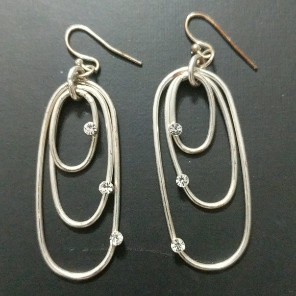 Silver Tone Clear Rhinestone Oval Hoop Statement Earrings - Picture 1 of 1
